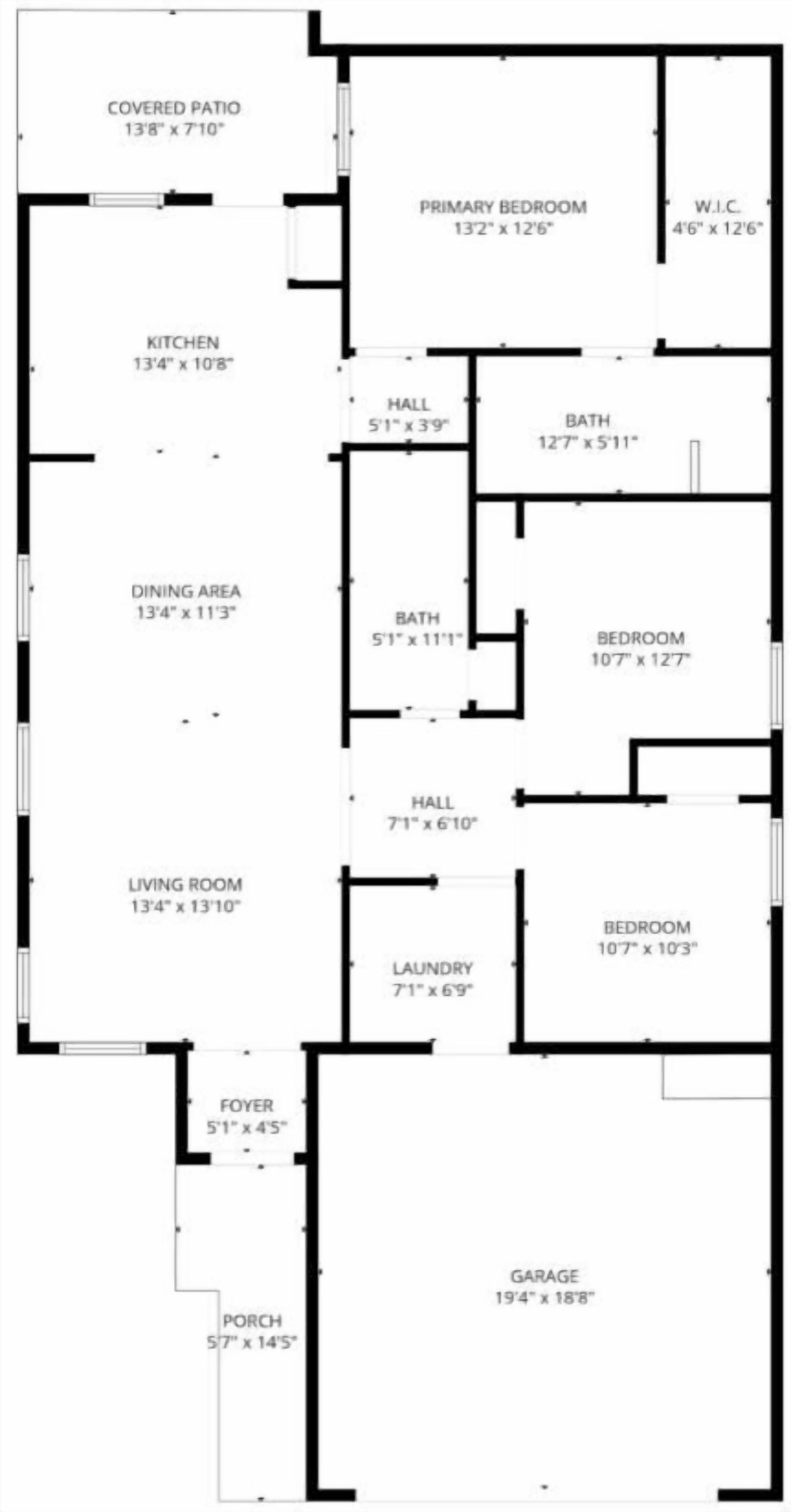 A floor plan with a covered patio, primary bedroom, kitchen, dining area, living room, laundry, bedroom, foyer, porch, hall, and garage.