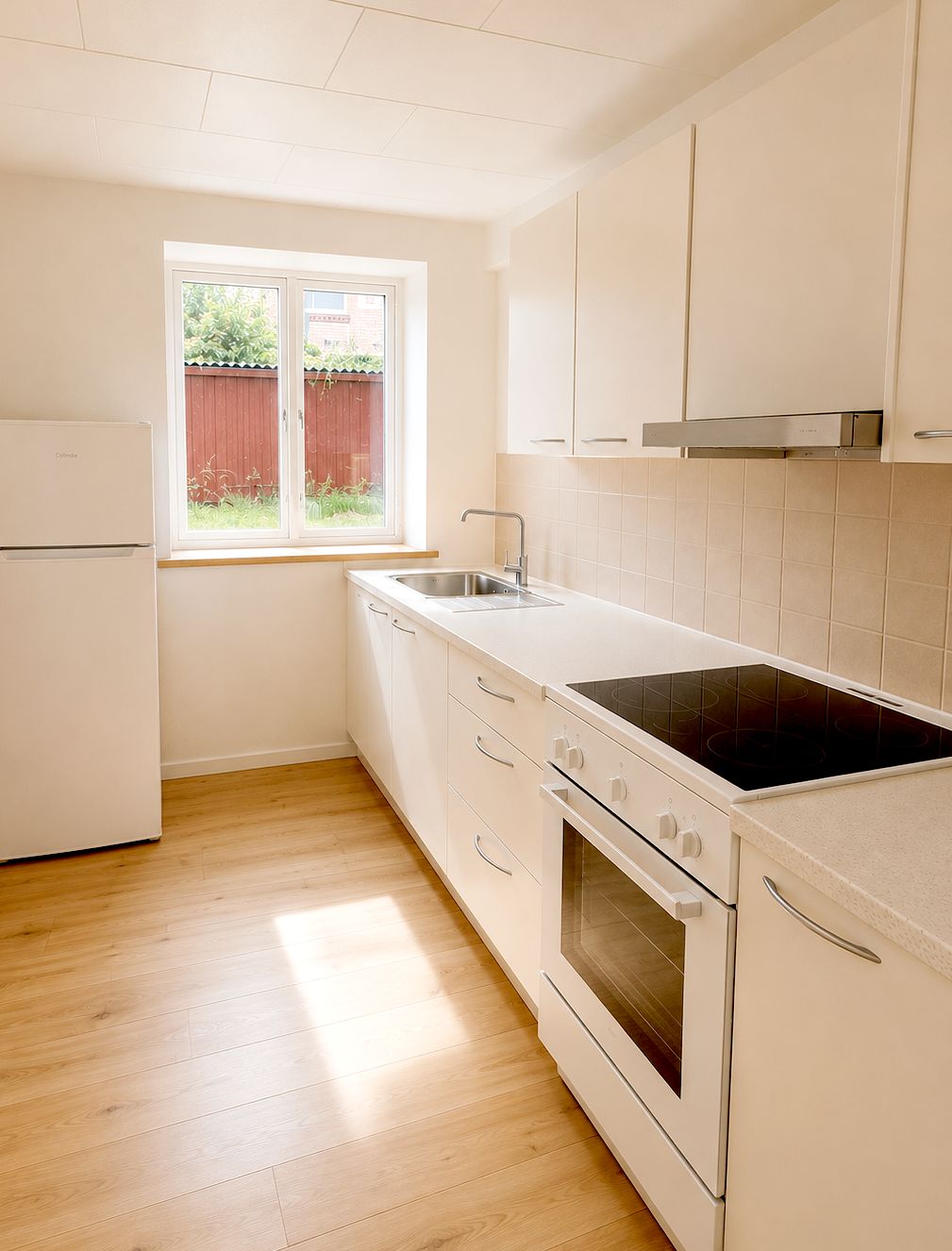 Una cocina con un refrigerador blanco, estufa, horno y pileta. Se observa una ventana que da a una cerca roja y vegetación al exterior.
