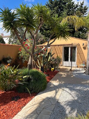 A garden with a thatched-roof structure, a pathway, and various plants.