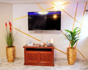 Une piĂšce dotĂ©e dâun tĂ©lĂ©viseur Ă Ă©cran plat fixĂ© au mur, dâune console en bois sur laquelle sont posĂ©s un vase et un objet encadrĂ©, ainsi que de deux plantes en pot.