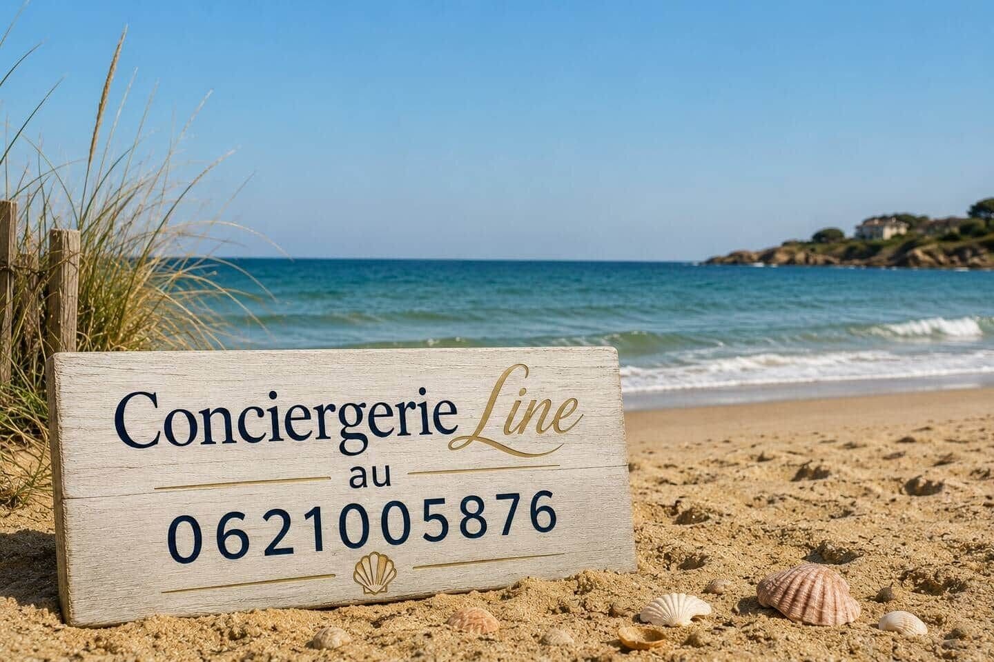 A wooden sign with 'Conciererie Line au 0621005876' on a beach with sand and shells.