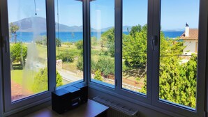 A room with large windows, a radiator, and a desk with a printer.