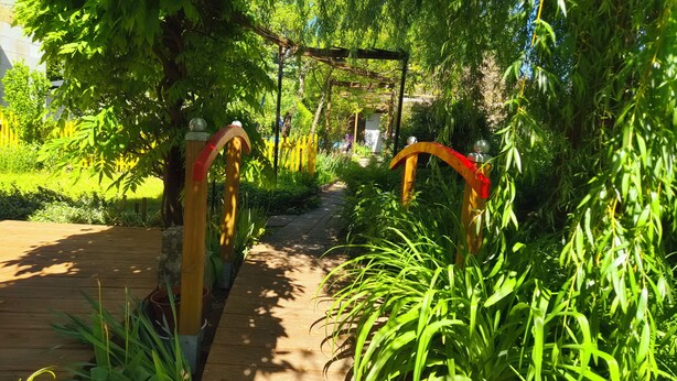 A wooden pathway leading through a lush garden with a pergola structure. - Cozy vacation home in the countryside (Prenzlau)