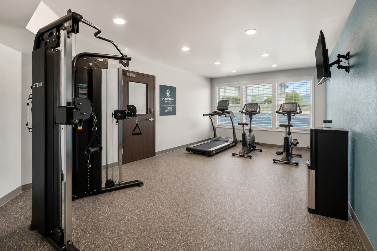 A fitness center with a weight machine, treadmills, and an elliptical.