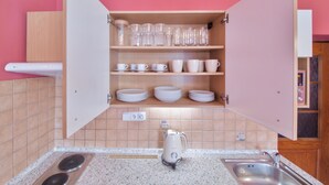 A compact kitchen with a countertop, sink, and a cabinet with dishes and glasses. - Apartments Kajovska (Ceský Krumlov)