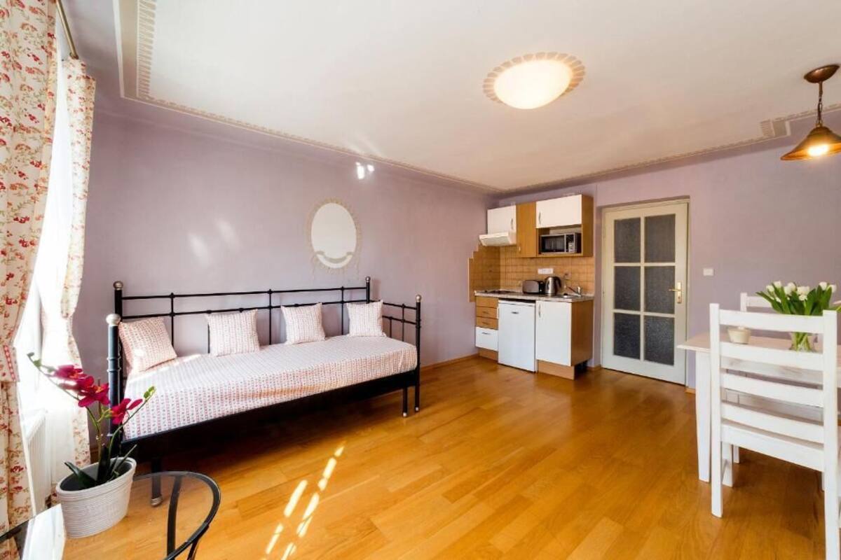 Un dormitorio con cama, una kitchenette pequeña, una silla blanca y una planta en maceta.