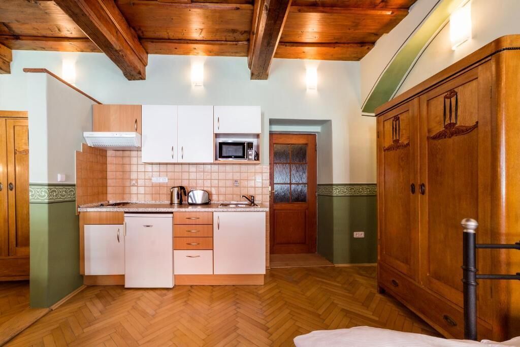 Apartamento, vistas a la ciudad | Cocina privada | Frigorífico, microondas, horno y placa de cocina