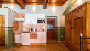 Apartamento, vistas a la ciudad | Cocina privada | Frigorífico, microondas, horno y placa de cocina