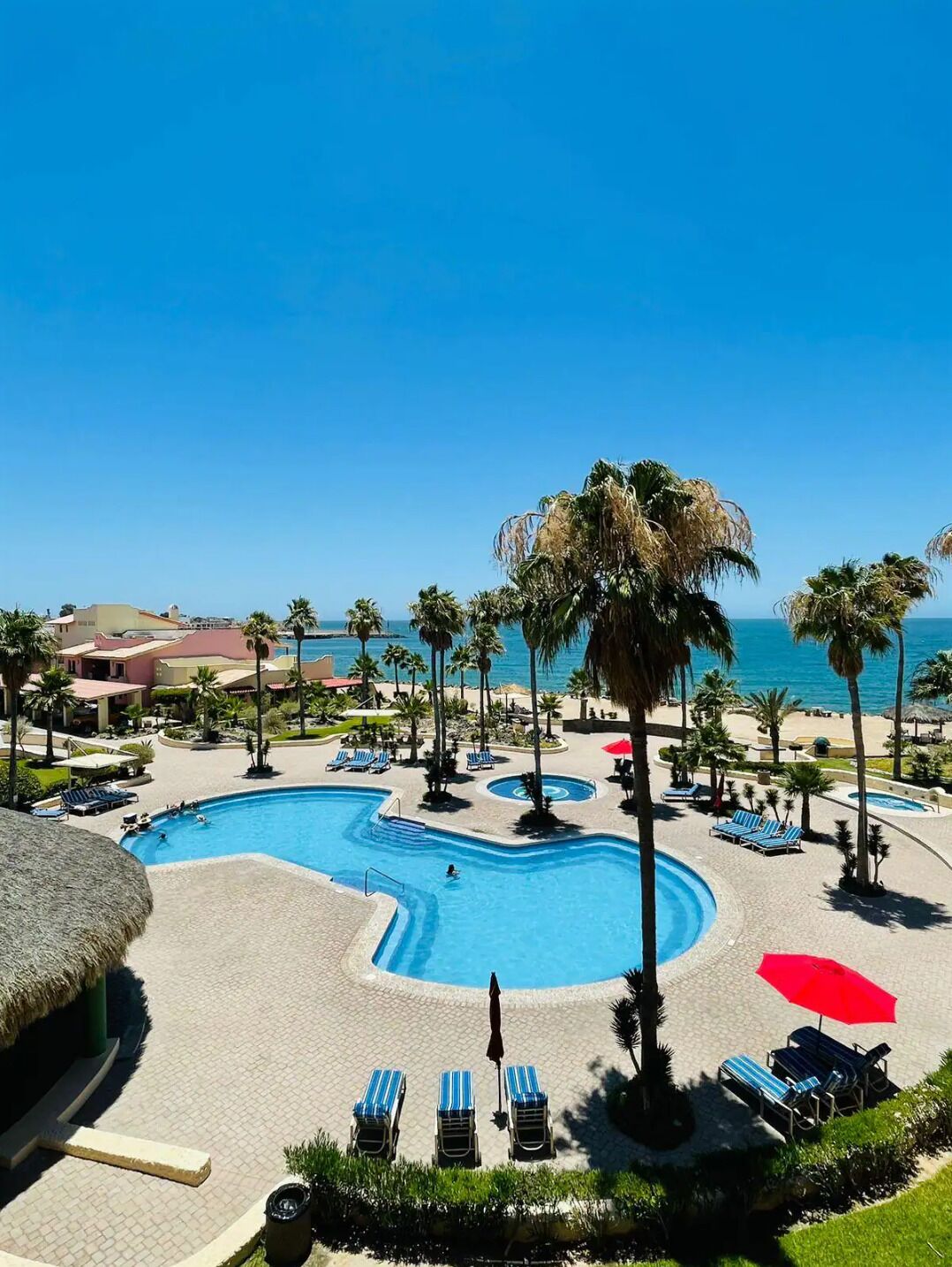 A resort pool area with a clear view of the ocean, lounge chairs, and palm trees.
