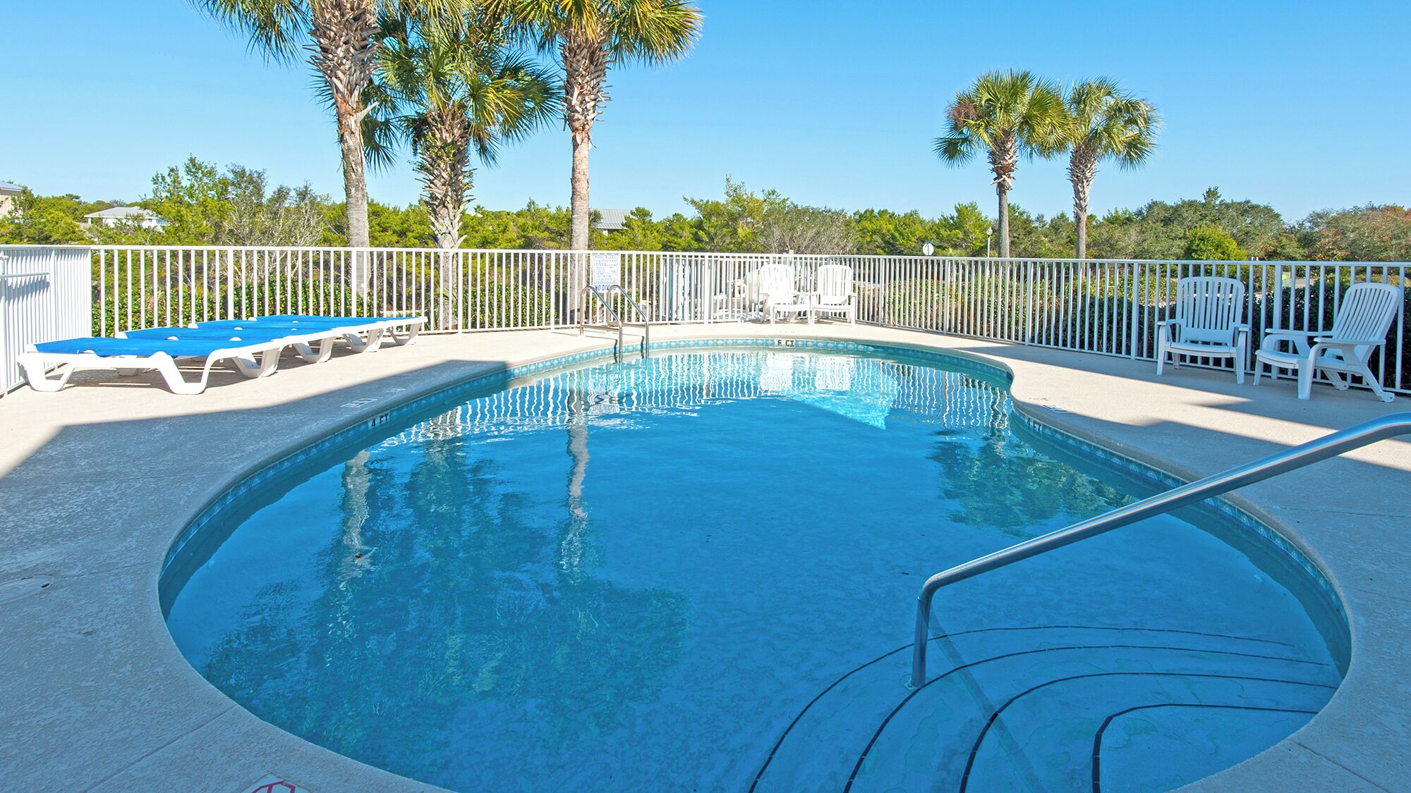 A swimming pool with a white fence, blue lounge chairs, and palm trees in the background.