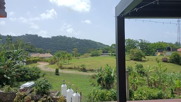 A view from a balcony overlooking a green landscape with a white building and a hill in the distance.