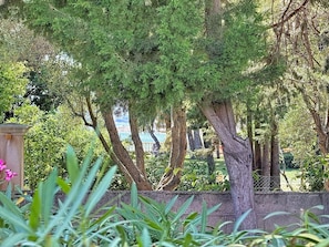 Ein Garten mit Bäumen und einer Steinstruktur.