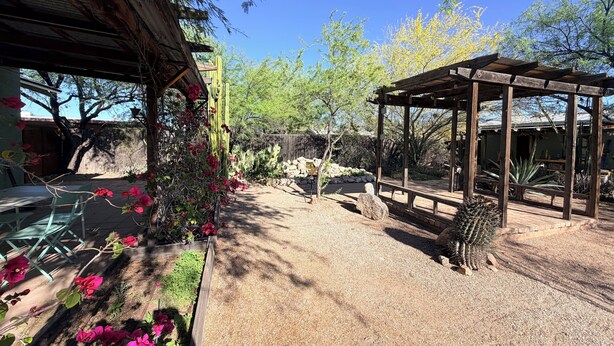 A covered outdoor area with a wooden pergola, a seating area with chairs, and a variety of plants including cacti and flowering plants. - Historic updated 2-bedroom bungalow in a walkable neighborhood (Tucson)