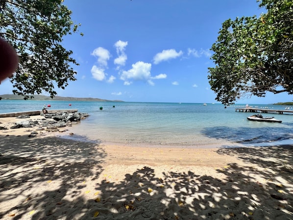 A beach with clear water, a dock, and boats.
