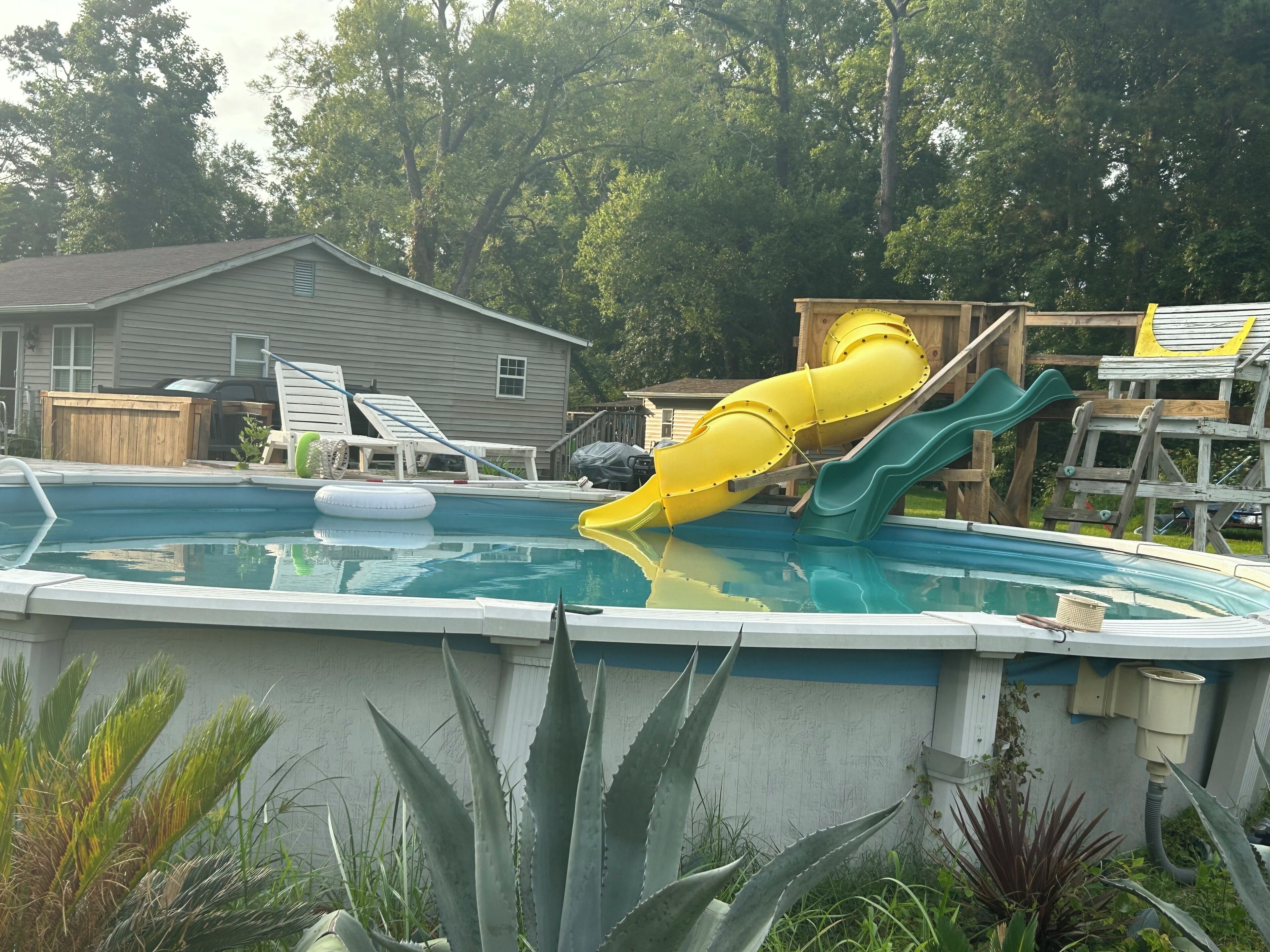 Uma piscina com escorrega, rodeada por plantas e um deck de madeira.