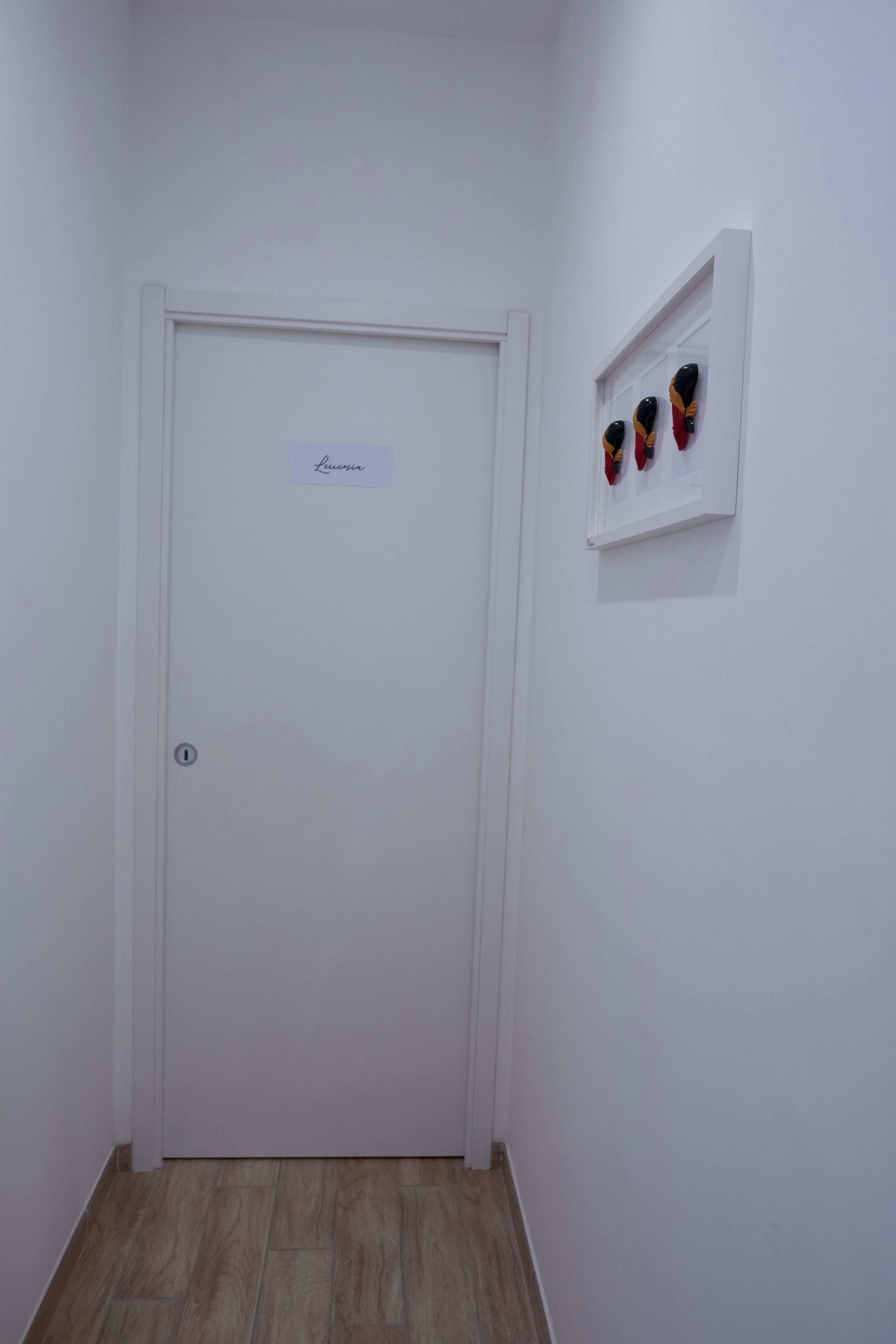 A white door with a nameplate, a wooden floor, and a small shelf with decorative items.