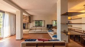 Amplia sala de estar con chimenea, televisor y mesa de comedor.