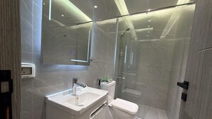 Ein modernes Badezimmer mit einer gläsernen Duschkabine, einem weißen Waschbecken und einer Toilette.
