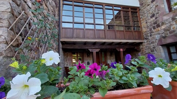 Een gebouw met een stenen gevel, een houten balkon en bloembakken met verschillende bloemen.