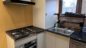Una cocina compacta con estufa a gas, horno, lavavajillas integrado y una ventana con persianas.