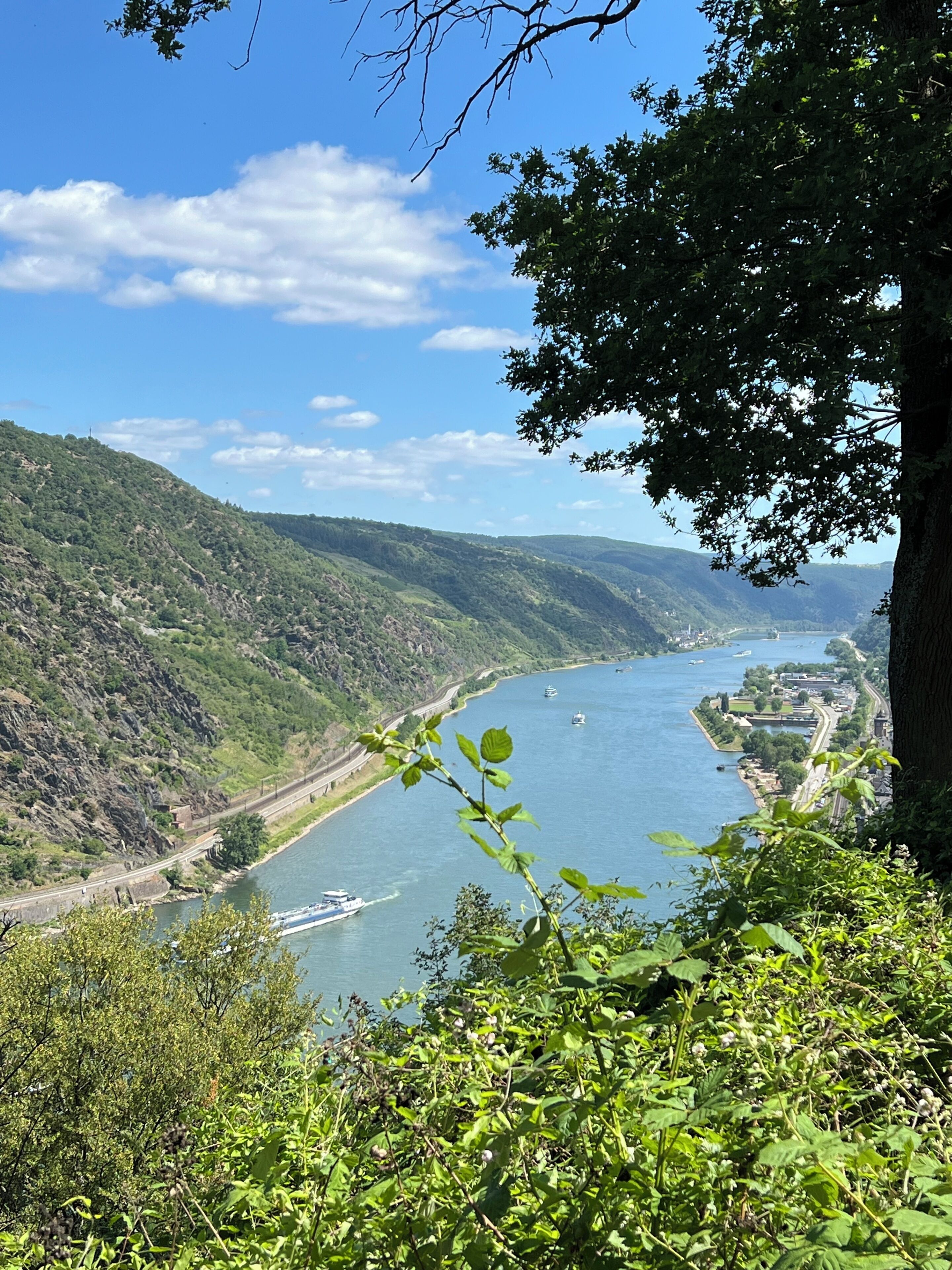 A river with boats, surrounded by hills and greenery.