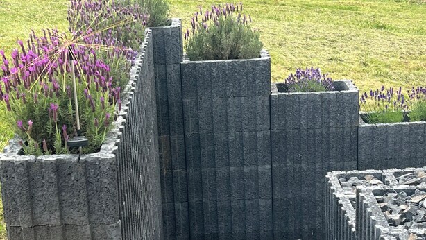 A stone retaining wall with a stepped design, surrounded by lavender plants.