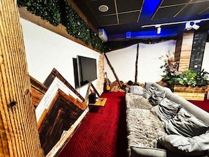A room with a red carpet, a grey sofa, a flat-screen TV, and a wooden wall with a plant.