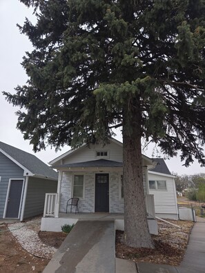 Une maison d’habitation avec un grand arbre devant, une porte d’entrée et un garage.