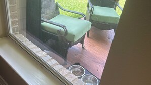 A window with a view of a patio area, including a brick wall, two wicker chairs with green cushions, and two metal bowls on the floor. - Spacious 5-bedroom house in enchanting Austin with AC (Austin)