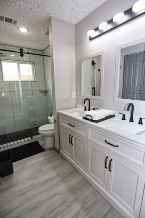 A bathroom with a white vanity, a glass shower enclosure, and a large mirror. - Modern Spacious Home in Quiet Neighborhood (La Porte)