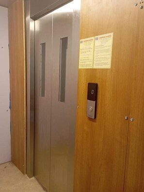 Puerta de madera con un panel de control y dos ventanas verticales.