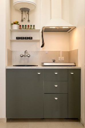 A kitchen with a sink, cabinets, a range hood, and a shelf with spices. - Concy's Jacuzzi - Private Suite with Sea View and Exclusive Terrace (Kaukana)