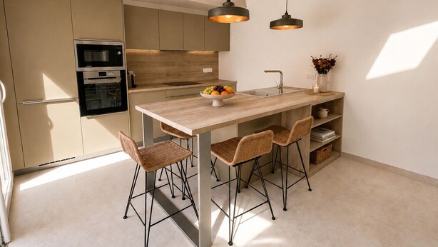 Eine moderne Küche mit Kochinsel, Barhocker, Backofen und Pendelleuchten.