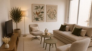 Ein modernes Wohnzimmer mit Sofa, Sesseln, Couchtisch, Fernseher und Kunstwerken an der Wand.