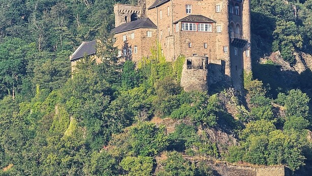 A castle-like structure with multiple towers, surrounded by dense greenery and hills. - Am Rabenack (Rheinsteig) (Sankt Goarshausen)
