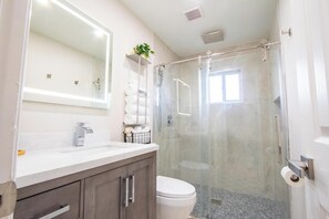 A modern bathroom with a glass-enclosed shower, a large mirror, and a white toilet. - The Longwood Escape • Modern Private Guesthouse Near Orlando (Longwood)