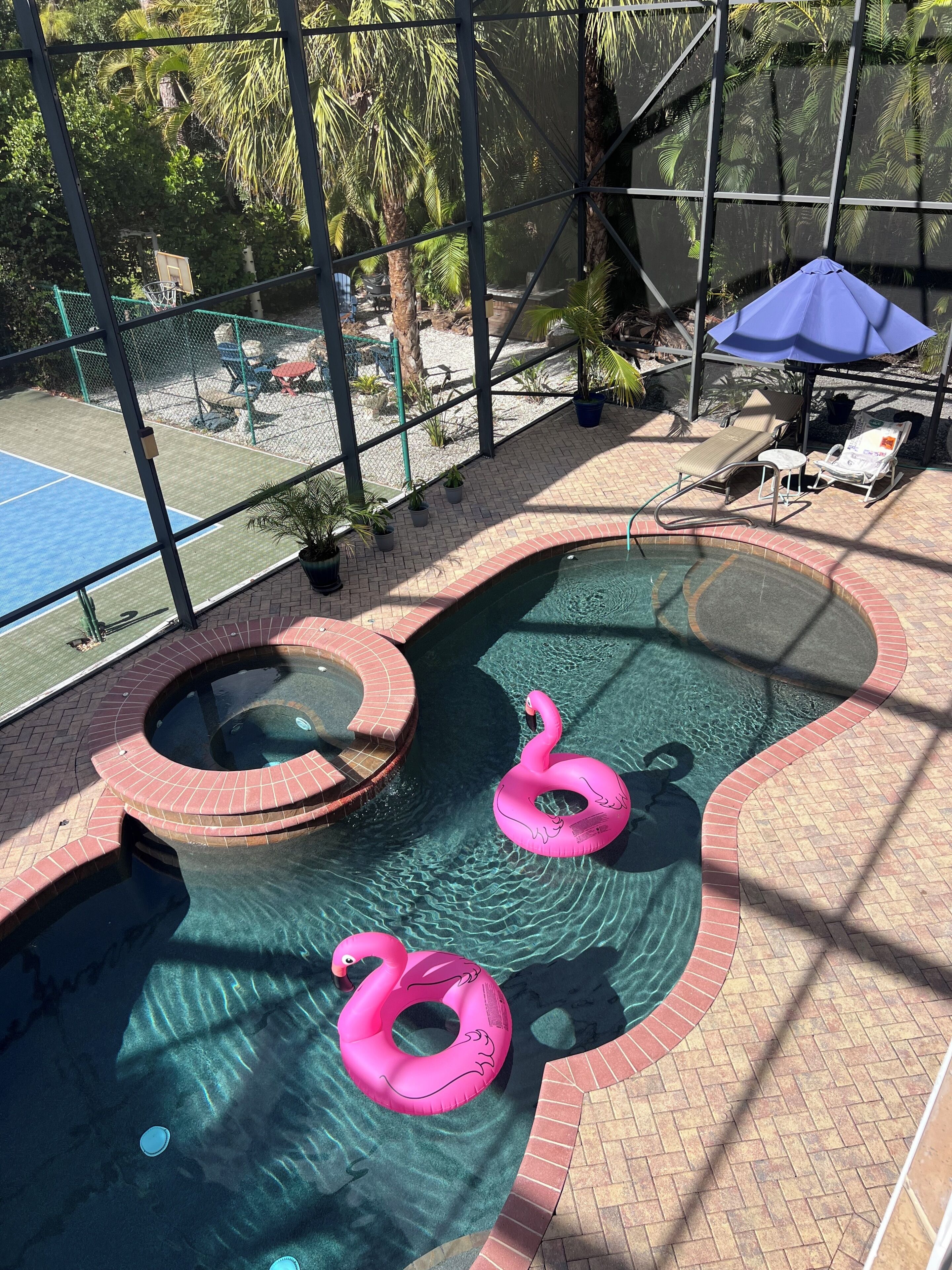 A pool with two pink swan floats, a basketball court, and outdoor seating with umbrellas.