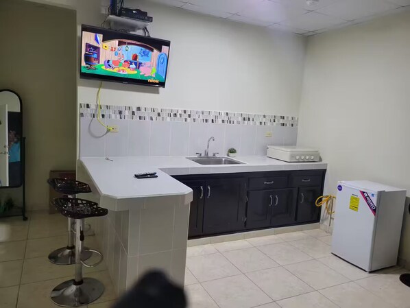 A kitchen with a TV, a refrigerator, a sink, and a bar stool.