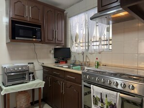 A kitchen with a microwave, toaster oven, stove, and a television. - Casa grande cerca del BBVA (Monterrey)