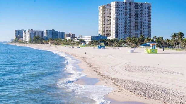 Une plage avec un immeuble de grande hauteur, des palmiers et un poste de surveillance pour les sauveteurs.