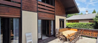 Fully-equipped family chalet with large garden 300m from lifts.