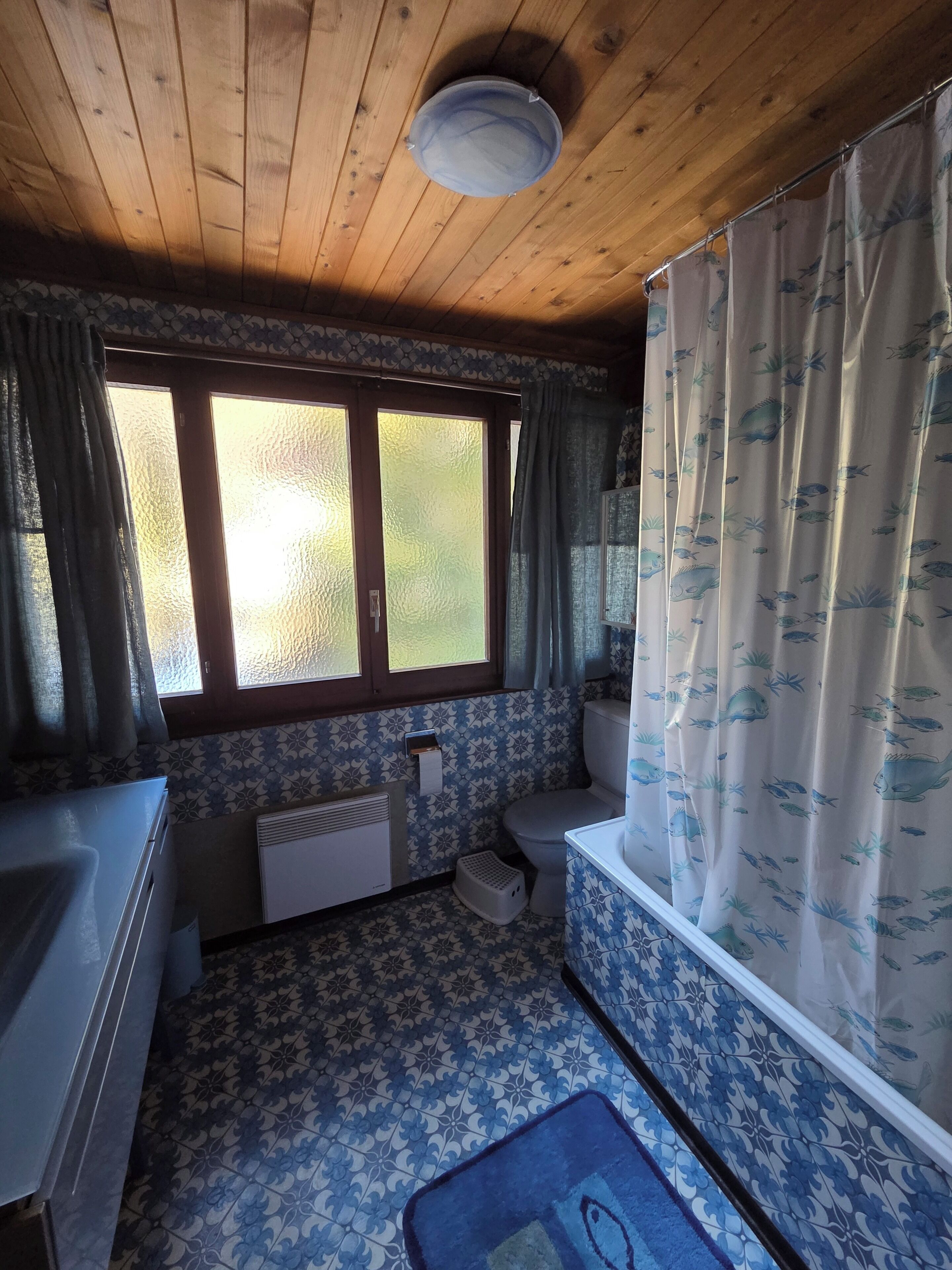 Et badeværelse med træloft, et vindue med matteret glas, et toilet og et bruseforhæng med fiskemønster.