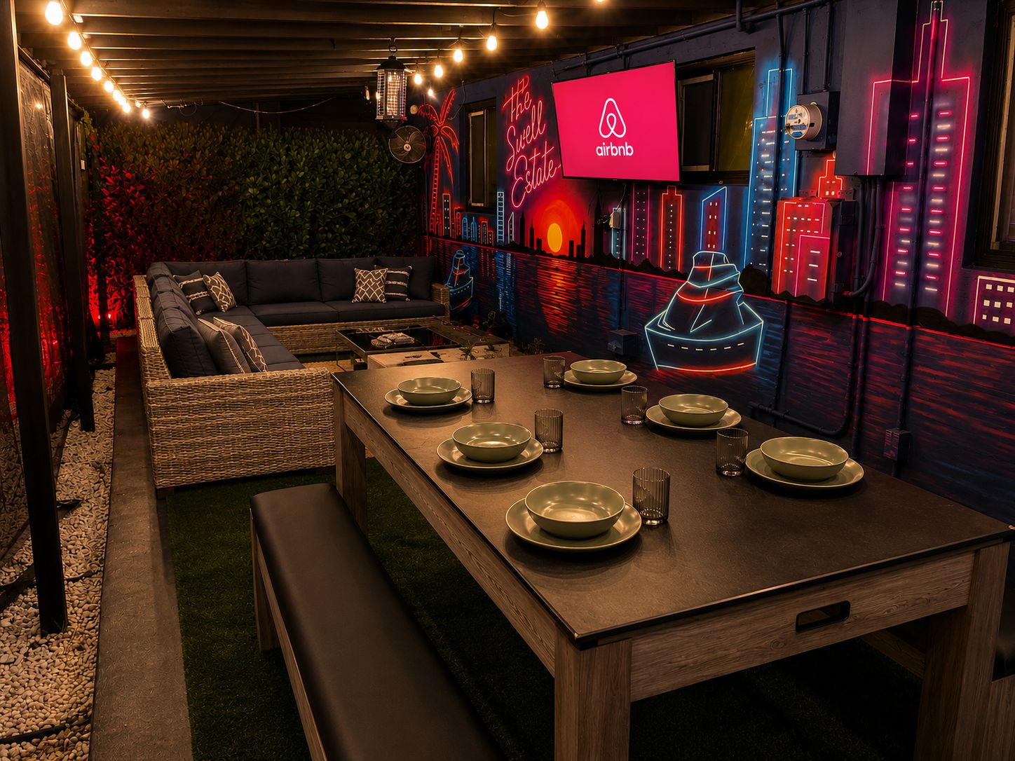 A dining area with a long table set for four, surrounded by a cityscape mural and neon lights.