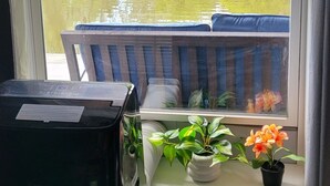 A window with a view of a lake and greenery, a chair, a small table with a potted plant, and a black appliance. - King bed,waterfront with cold AC in quiet neighborhood (Jacksonville)