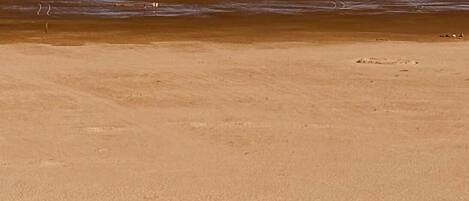 View of the sandy beach with white cabins and a distant ship on the calm sea
