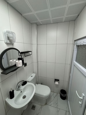 Un baño pequeño y moderno con inodoro, bidé, lavabo y espejo.
