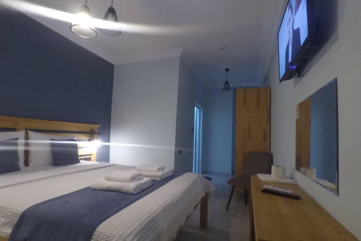 A hotel room with a bed, a desk, a chair, a TV, and a wooden panel on the wall.
