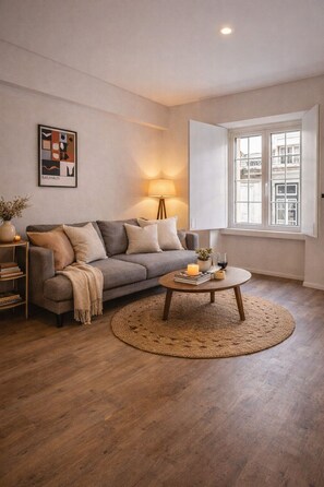 A living room with a sofa, a round coffee table, a lamp, a bookshelf, and a window with a view. - Praça do Comercio Romantic Apartment (Lisboa)