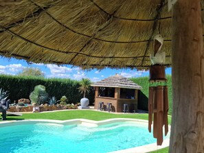 A pool area with a thatched roof structure, a wooden cabin, and a well-maintained lawn.
