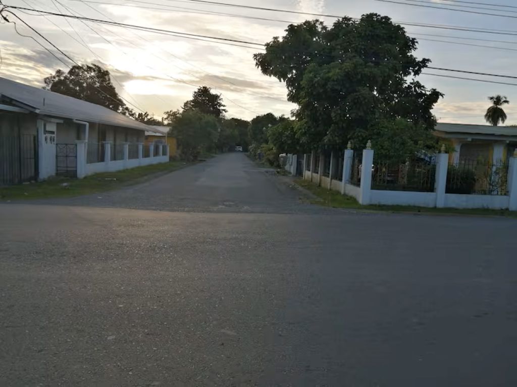 Une rue tranquille bordée de maisons de plain-pied, un ciel dégagé et des lignes électriques qui la traversent.